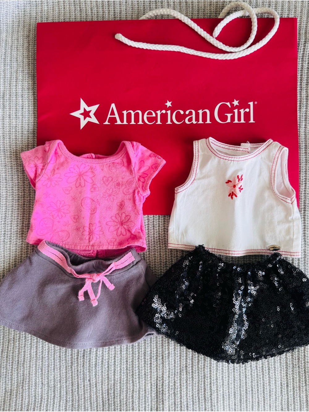American Girl Pink Floral Tee, White Tank, Gray Skirt & Black Sequin Skirt